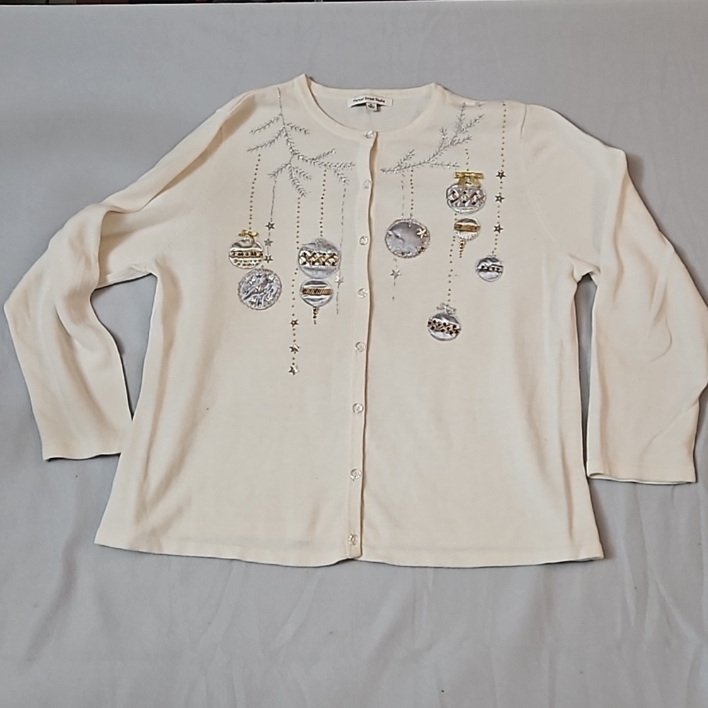 Mercer Street  Studio Holiday Sweater sz XL Cream  Gold & Silver Ornaments